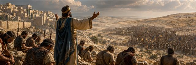 King Asa praying with Judah's soldiers before a vastly larger Cushite army
